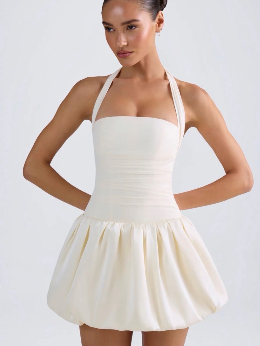 Halter Strap Ivory Bubble Hem Mini Dress